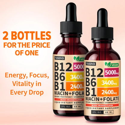 (2-PACK) Vitamin B12 Liquid Supplement Drops with B6, B1, Niacin & Folate - Edible Support for Energy, Brain & Heart, Non-Gmo & Gluten-Free, 4 Fl Oz Fitness Dietary