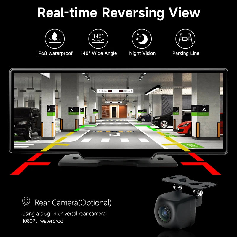 10.26" Car DVR Carplay Android Auto Dashcam 4K 3840*2160 Front and 1080P Rear Camera Voice Control GPS Wifi Recorder Dual Lens