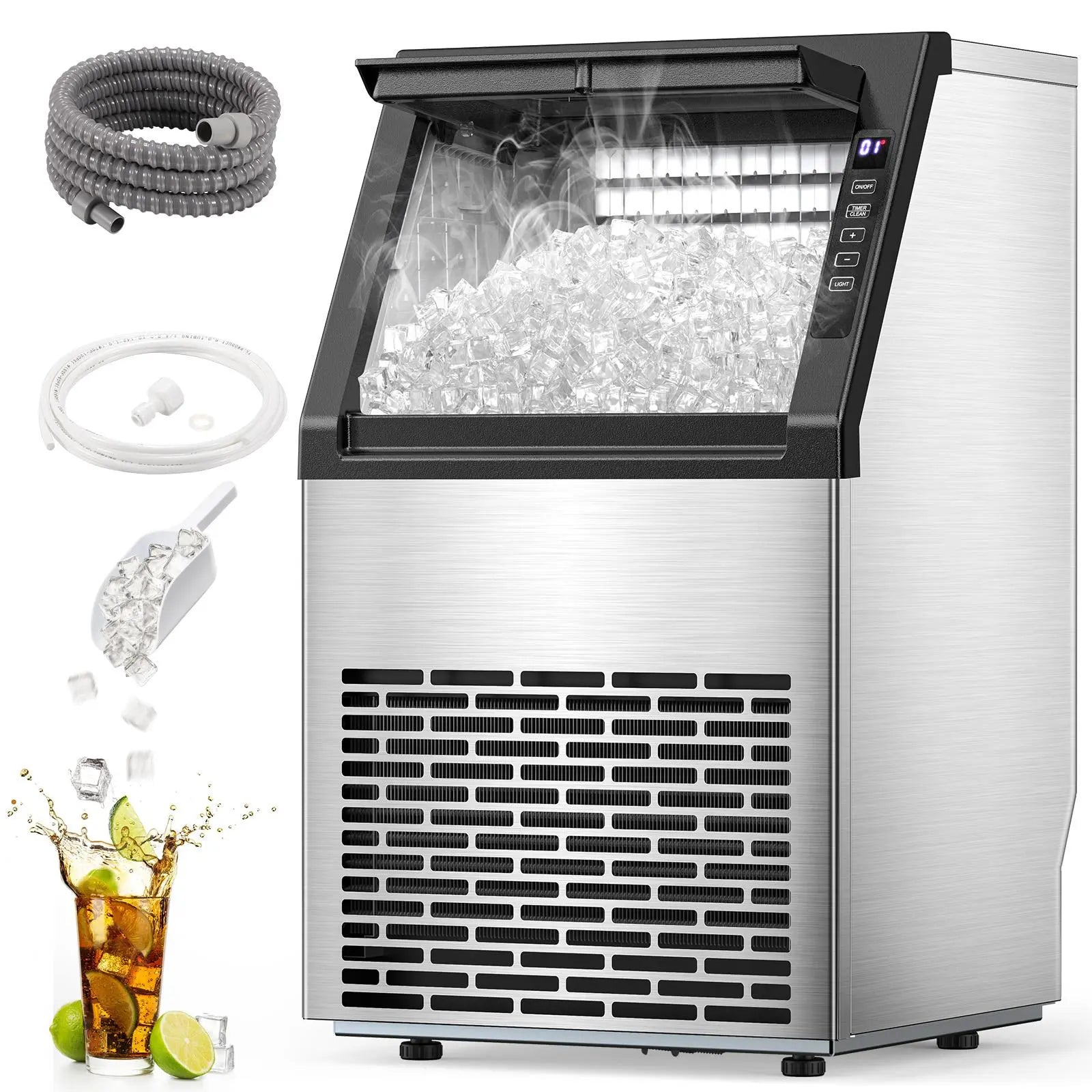 COWSAR Commercial Ice Maker V2.0, 100 Lbs, 2-Way Add Water, Large Ice Maker Self Cleaning, Ice Machine with 24 Hour Timer,33 Lbs Basket, Stainless Steel Ice Makers for School, Home, Bar, RV