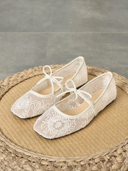 Women'S Embroidered Mesh Netted Ballet Flats, Elegant Square-Toe Flat Shoes for Parties and Daily Wear, Lightweight Breathable Comfortable Footwear for Women & Girls, Ballerina Flats Shoes